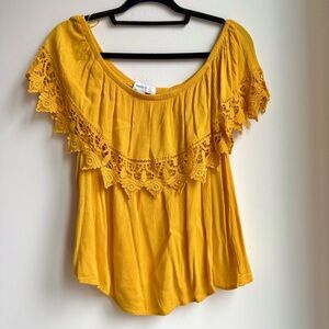 Forever 21 Mustard Yellow Lace Trim Boho Off Shoulder Blouse Plus 1X